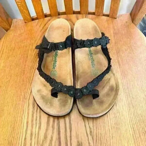 🌈 6/$60 ComfortfuBe Leather Flower Adjustable Sandal Slip On Black Tan Size 10